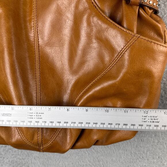 B Makowski Women's Vintage Silver Studded Purse Handbag Cognac Soft Leather - Picture 3 of 10